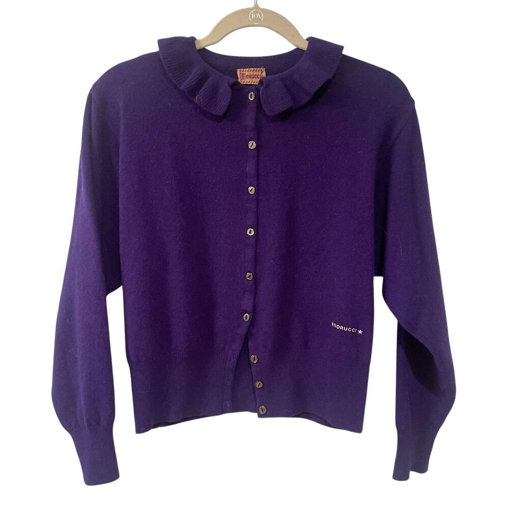 Fiorucci Vintage 1980's Long Sleeve Ruffled Collar Sweater Purple XS
